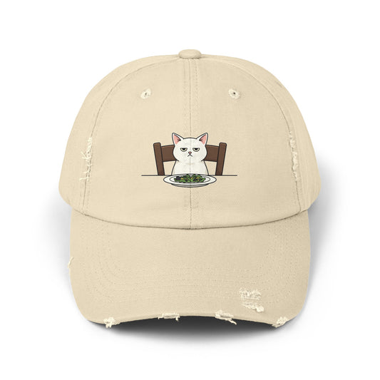 Distressed Cat At Dinner Cap — Cute White Cat Sitting at Table Baseball Hat