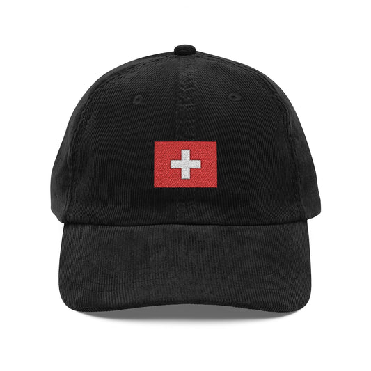 Vintage Corduroy Baseball Cap — Embroidered Red Swiss Cross Hats Printify Black One size