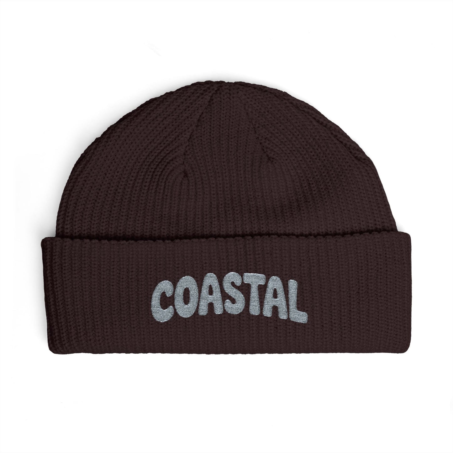 Coastal Cuff Beanie — Knit Winter Hat with 'COASTAL' Embroidered Seaglass Script Hats Printify One size Plum