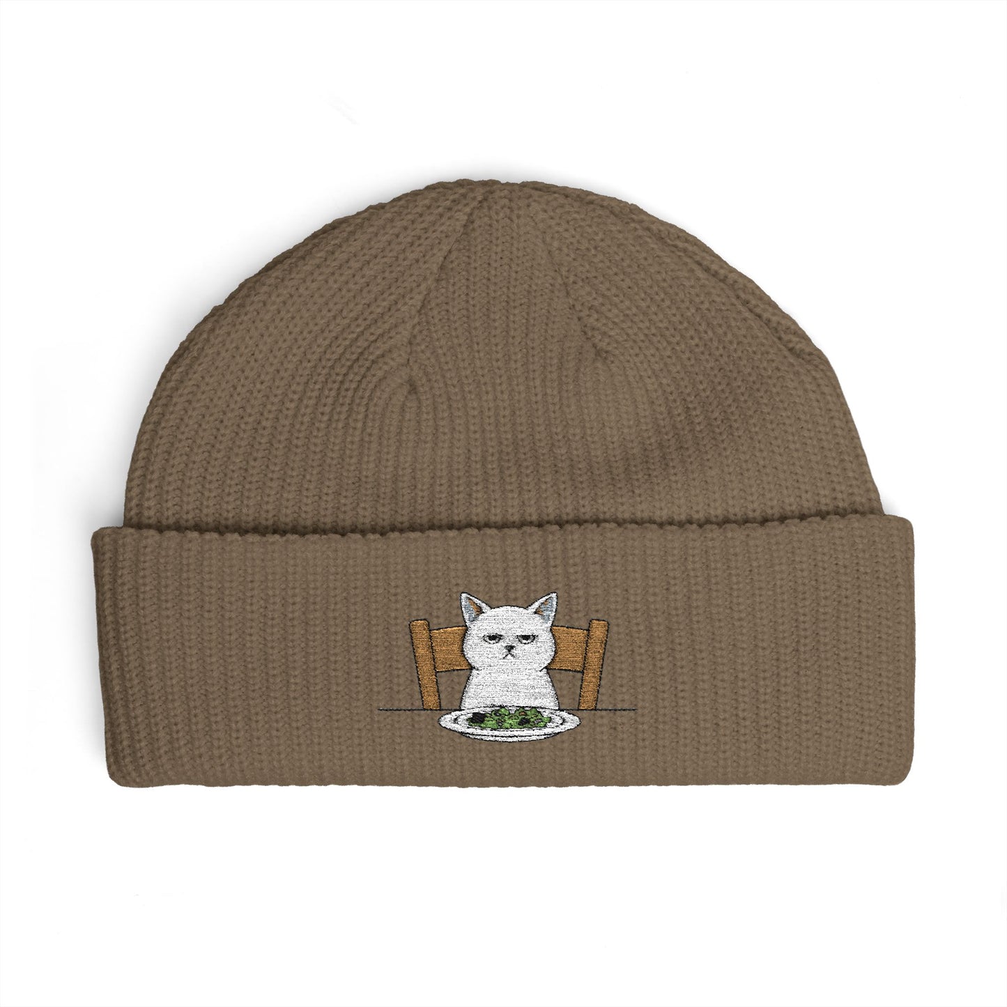 Cuffed Beanie with Embroidered White Cat on Chair – Cozy Cute Winter Hat Hats Printify One size Walnut