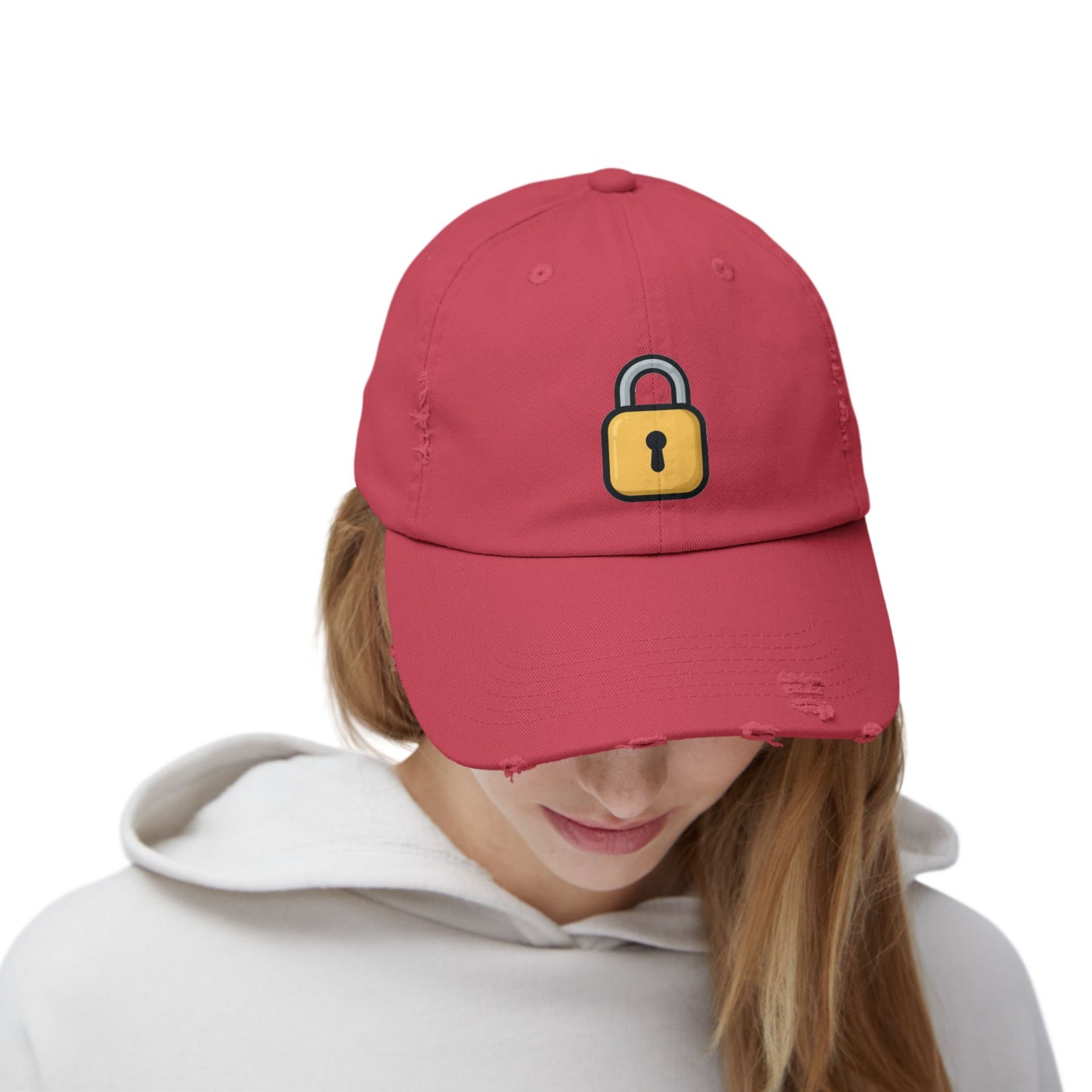 Padlock Distressed Cap — Minimal Lock Embroidered Baseball Hat