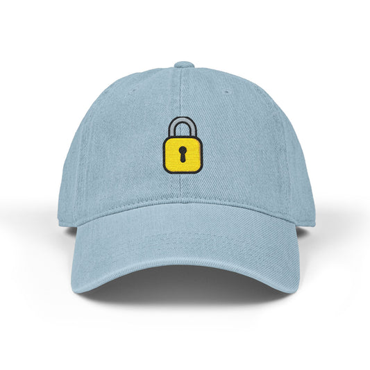 Embroidered Lock Denim Hat — Minimal Yellow Padlock Cap