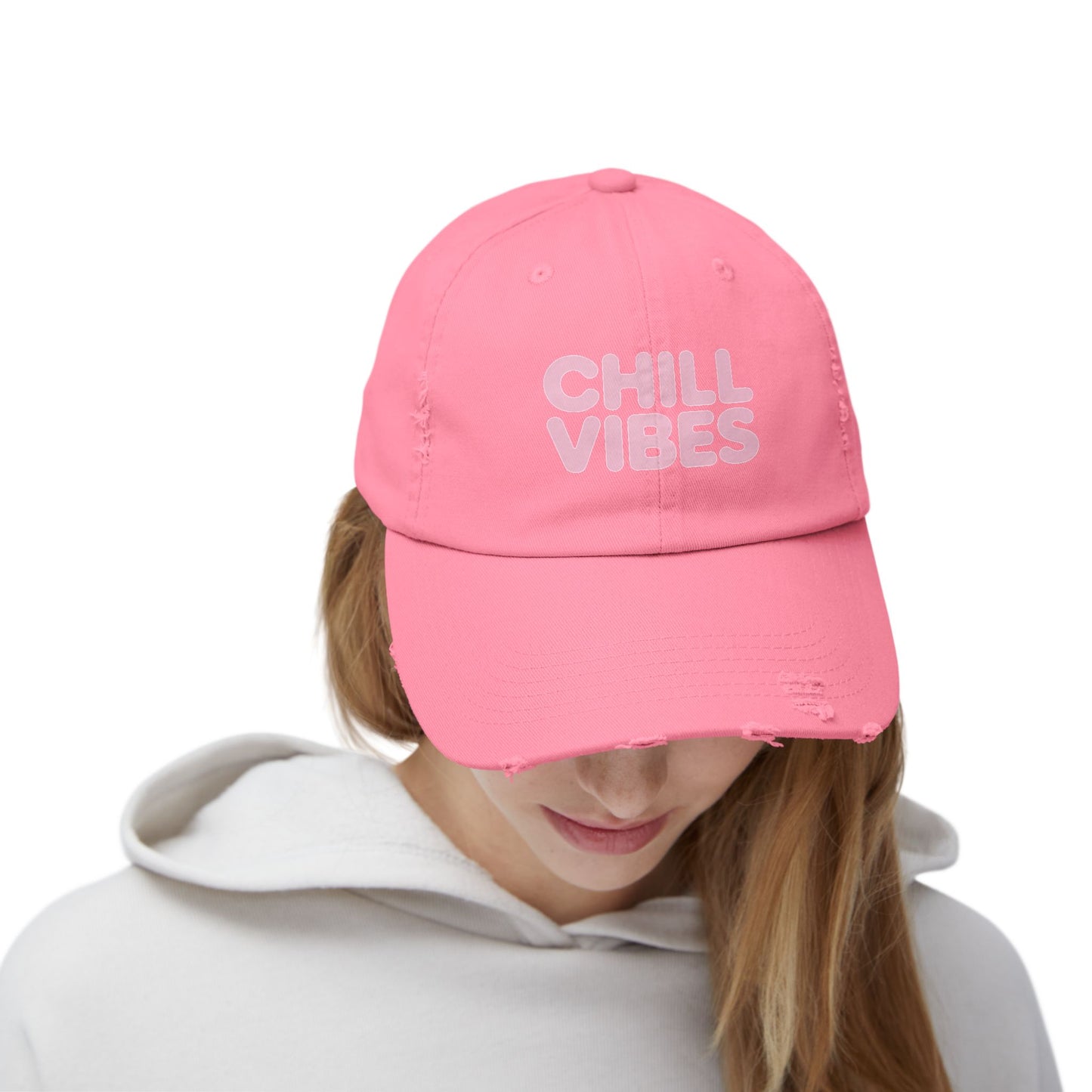 Chill Vibes Distressed Cap — Pink Text Casual Baseball Hat