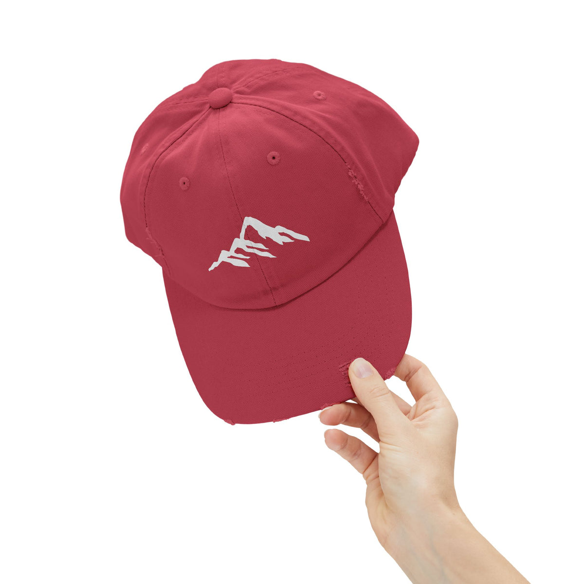 Distressed Mountain Hat — Minimal White Peak Embroidered Cap