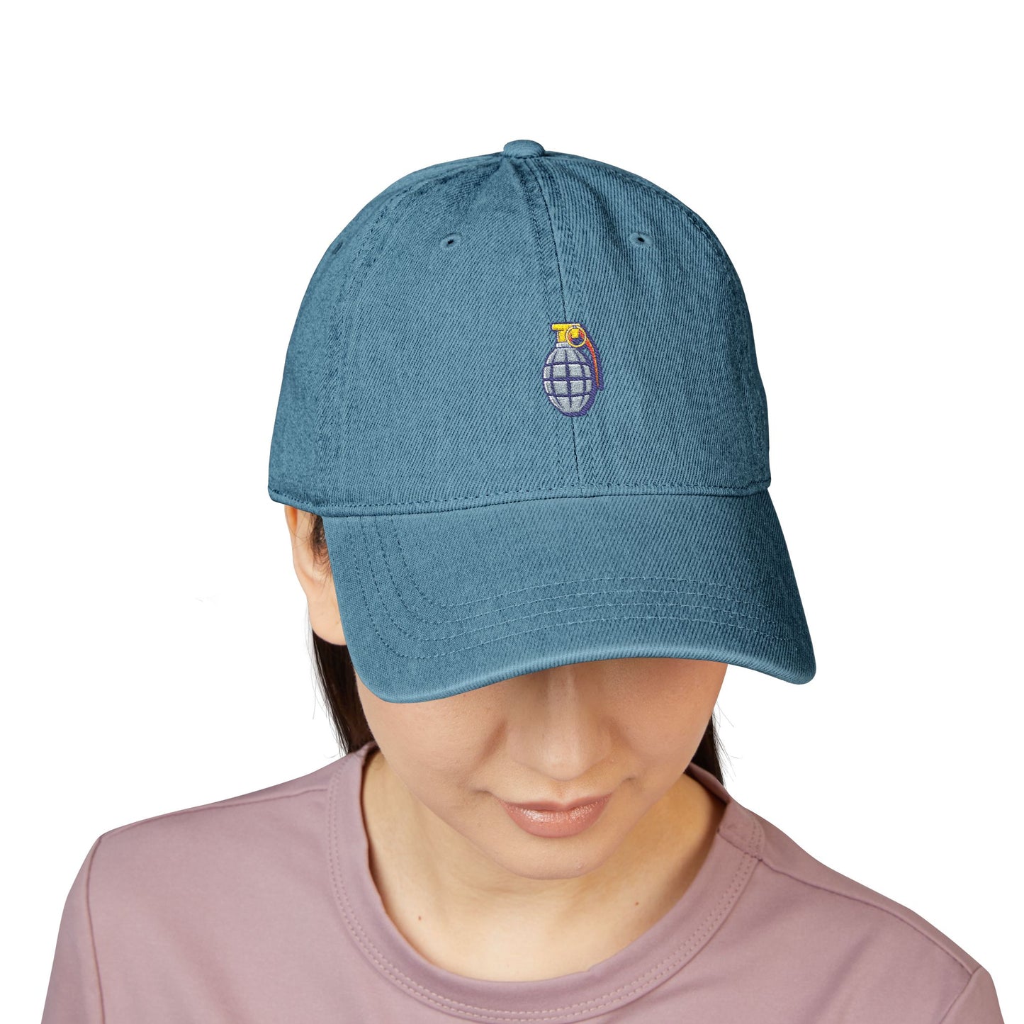 Embroidered Grenade Cap – Military-Inspired Black Denim Hat Hats Printify