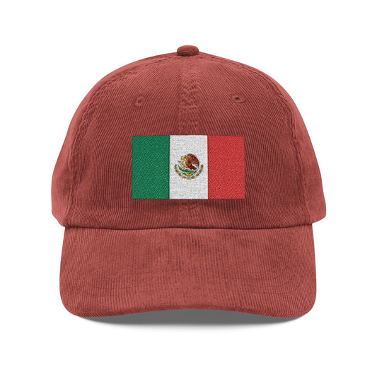 Vintage Corduroy Hat — Embroidered Mexican Flag Dad Cap