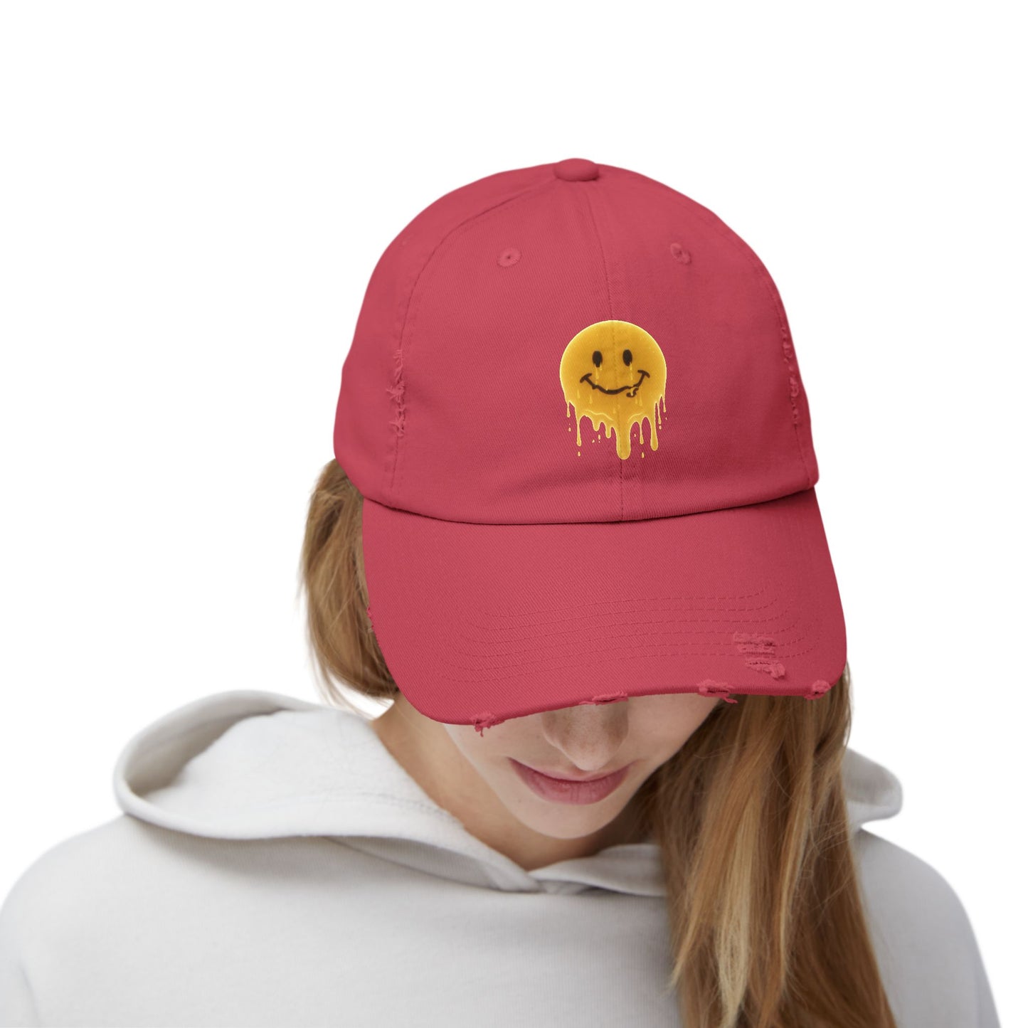 Distressed Melting Smiley Cap — Grunge Drip Dad Hat