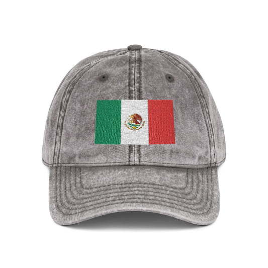 Vintage Mexican Flag Embroidered Cap — Distressed Gray Baseball Hat Hats Printify One size Charcoal Grey