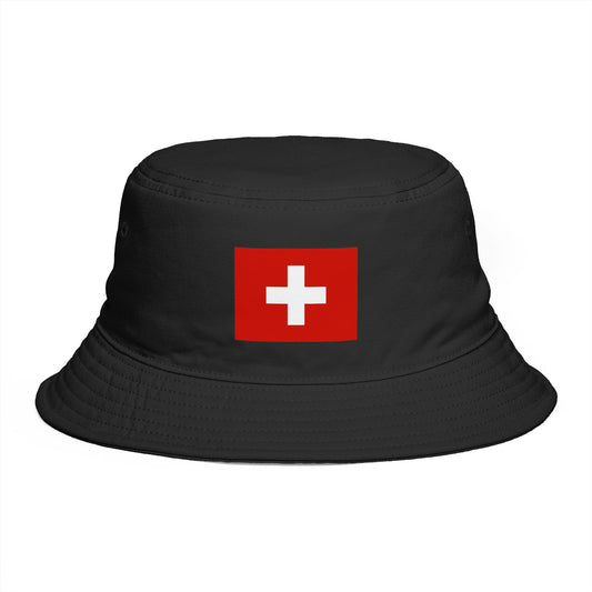 Swiss Cross Brown Bucket Hat — Alpine Flag Patch Sun Hat Hats Printify One size Black