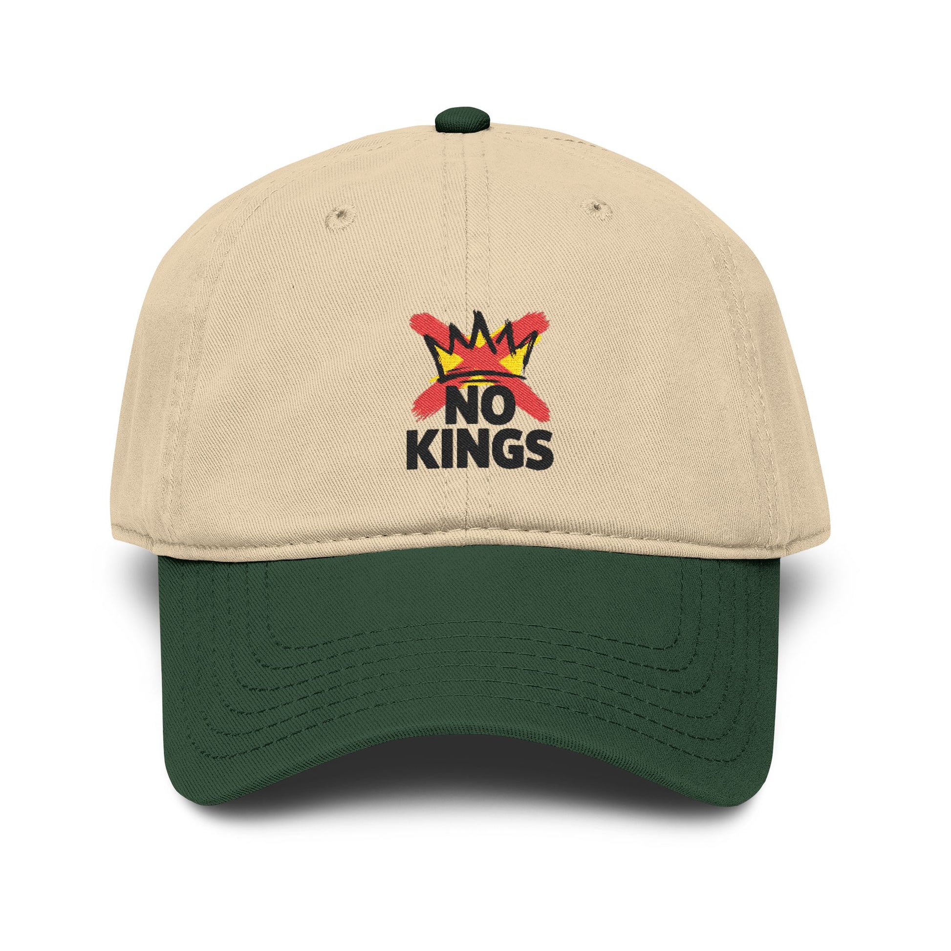 No Kings Washed Baseball Cap — Distressed Crown Embroidered Hat Hats Printify One size Dark Green / Khaki