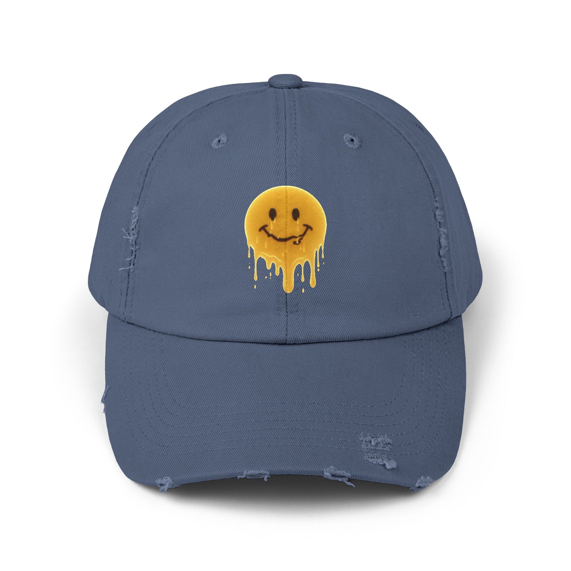 Distressed Melting Smiley Cap — Grunge Drip Dad Hat Hats Printify Scotland Blue One size