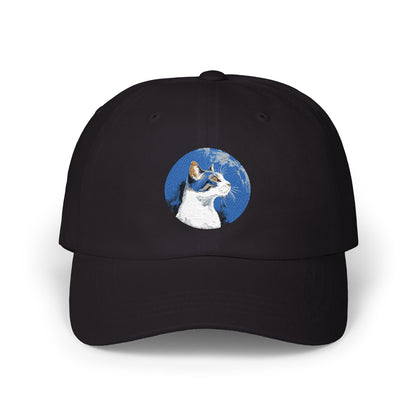 Dad Cap – White Embroidered Dog in Snow Patch Hat Hats Printify Black One size