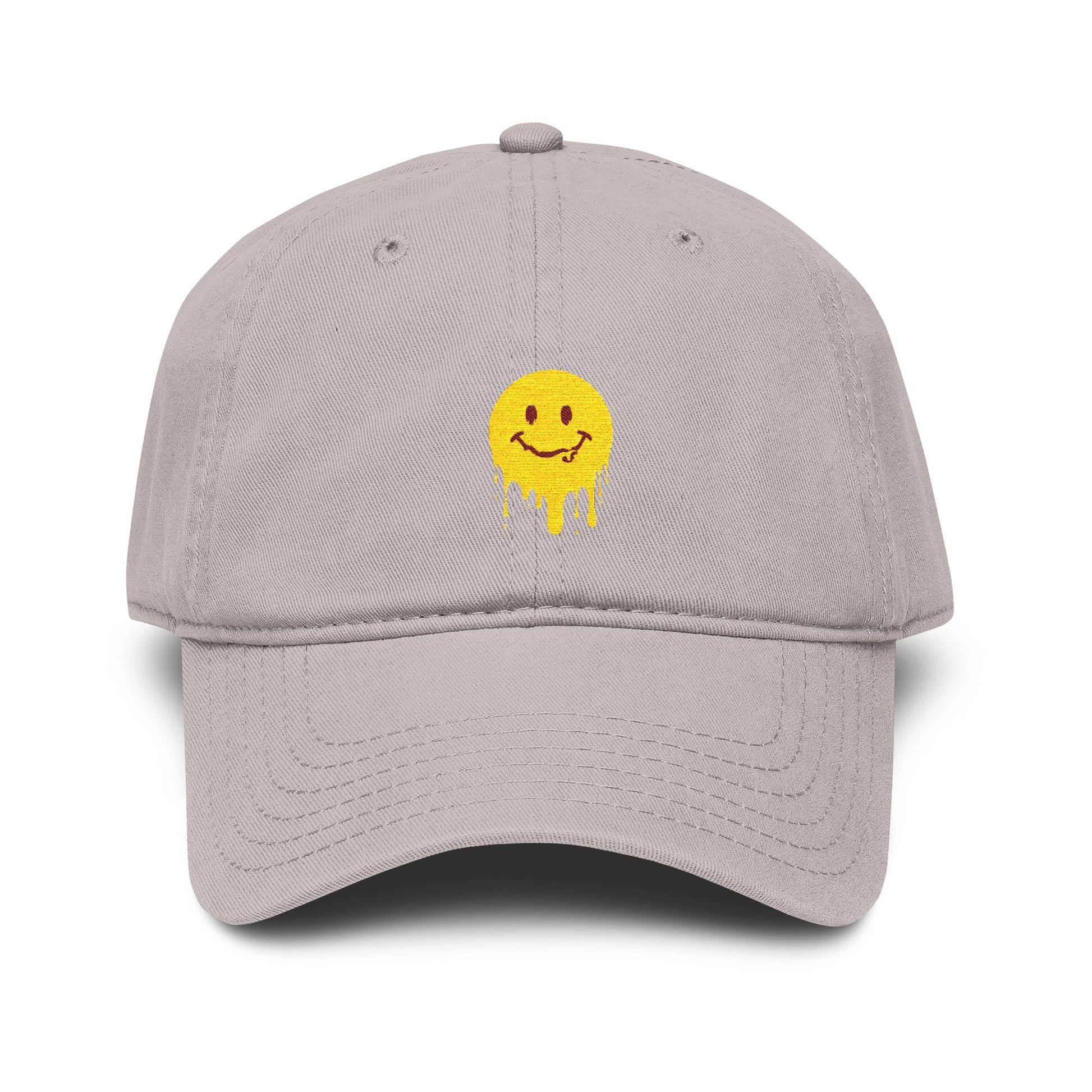 Washed Baseball Cap — Drippy Yellow Smile Embroidered Hat Hats Printify One size Gray