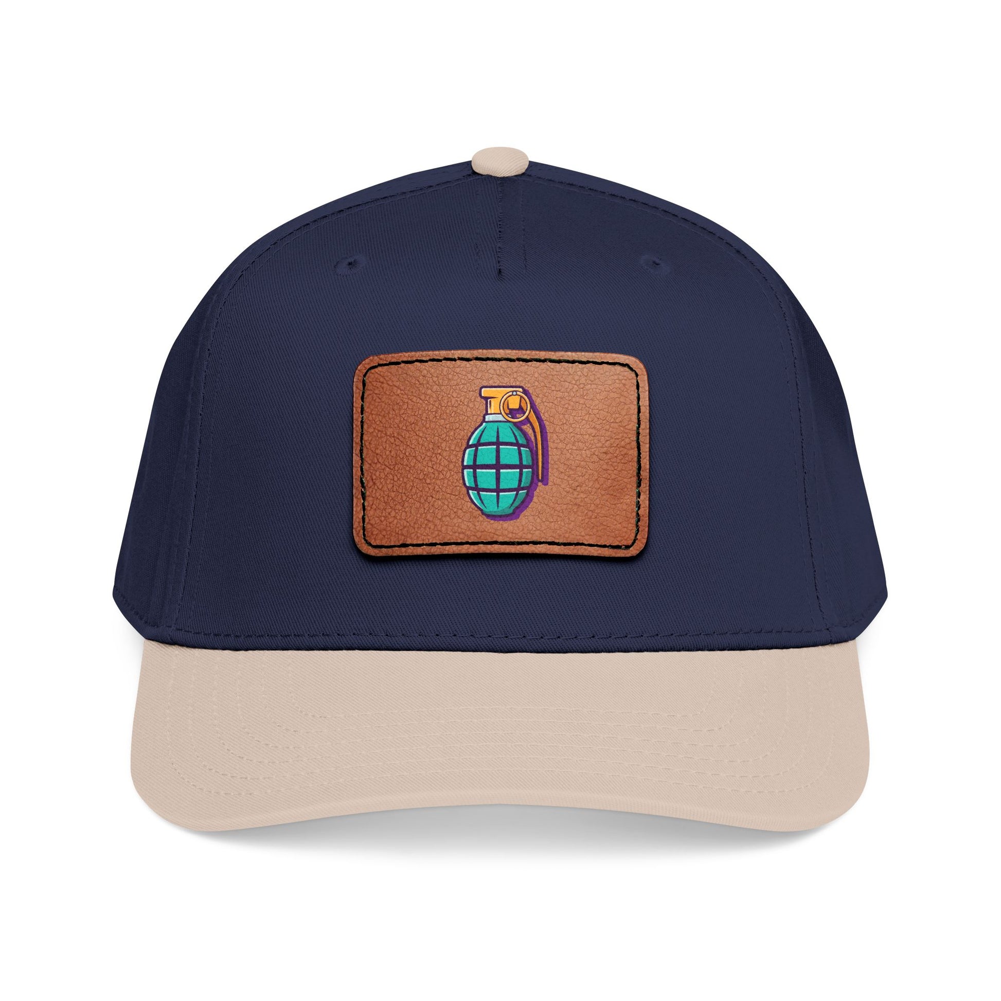 Leather Patch Baseball Cap — Retro Grenade Patch Hat Hats Printify One size Khaki / Navy / Light Brown patch Rectangle