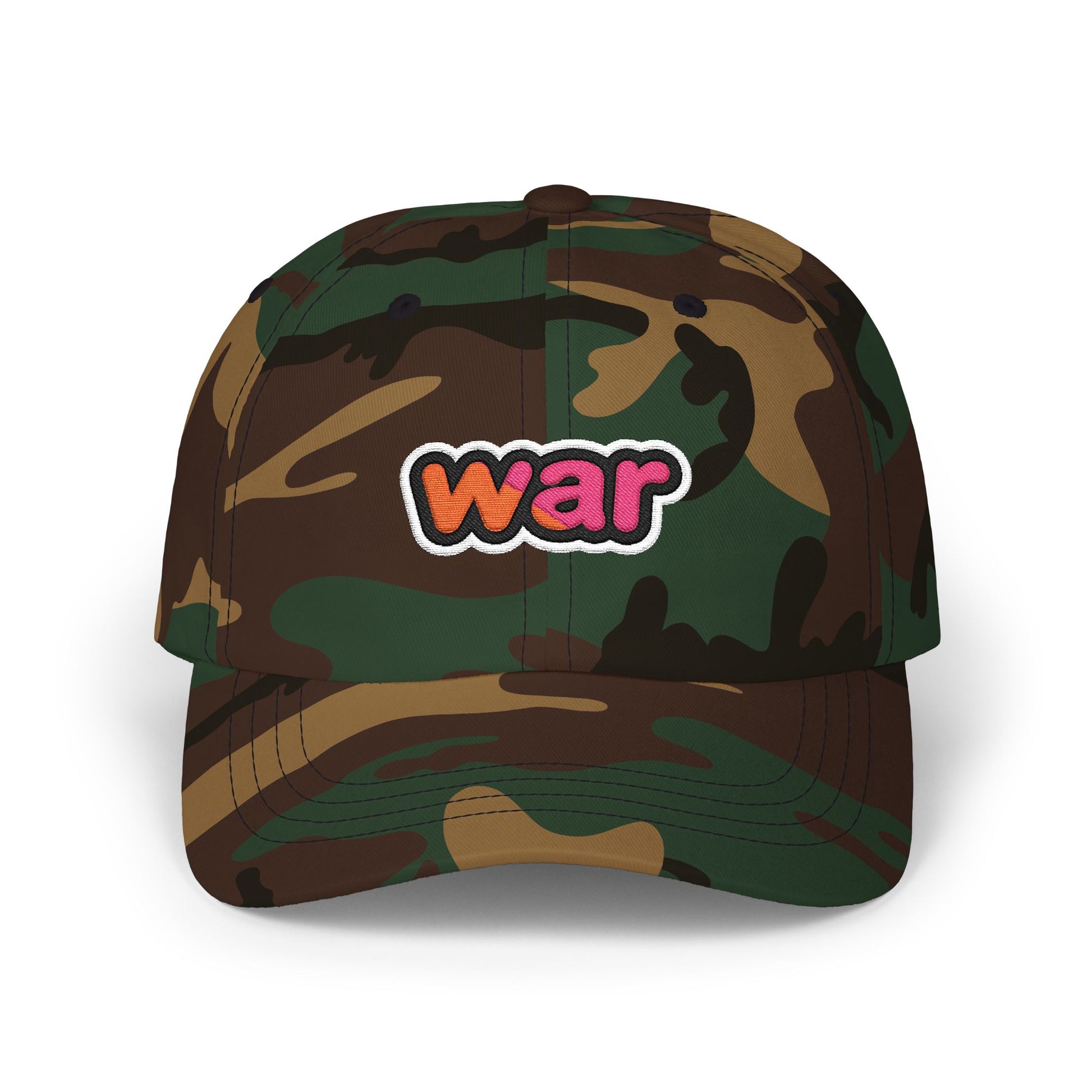 Dad Cap — White Embroidered "war" Patch Hat Hats Printify Green Camo One size