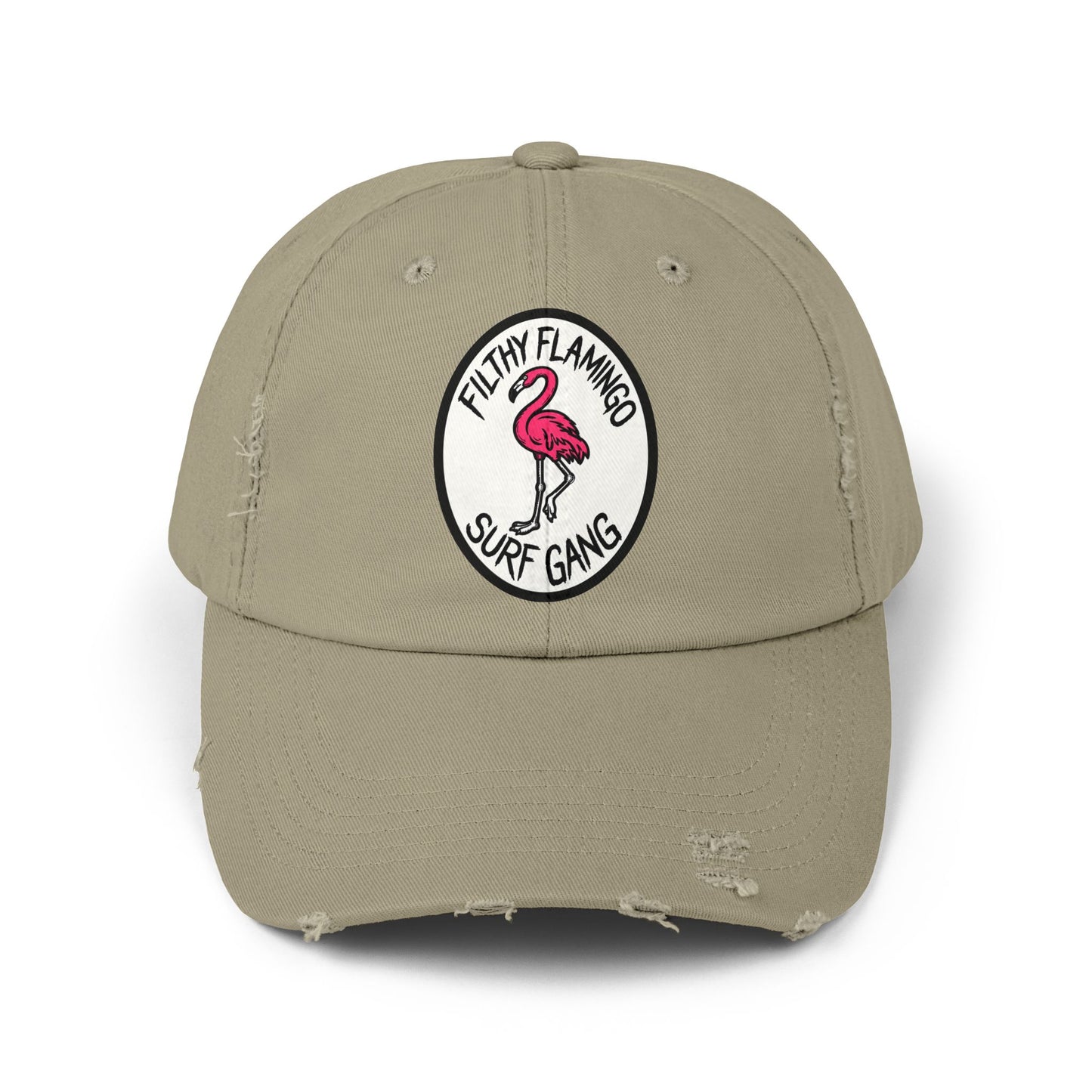 Distressed Surf Cap — "Filthy Flamingo Surf Gang" Embroidered Patch Hat Hats Printify Light Olive One size