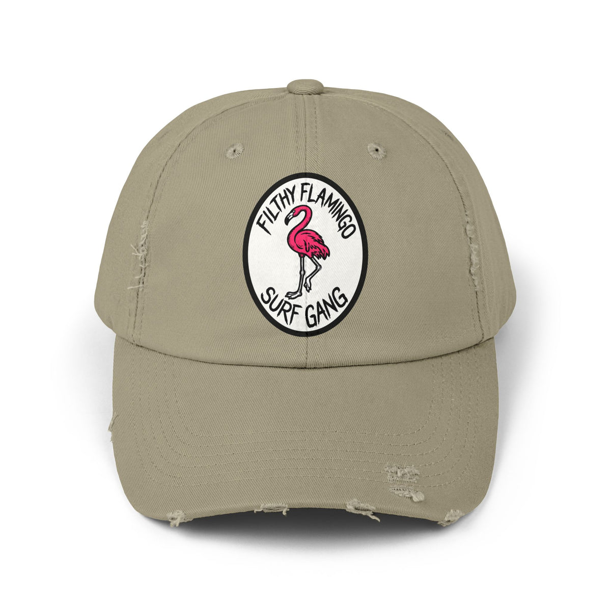 Distressed Surf Cap — "Filthy Flamingo Surf Gang" Embroidered Patch Hat Hats Printify Light Olive One size