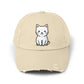 Distressed Black Cap with Cute White Cat Graphic Hats Printify Stone One size