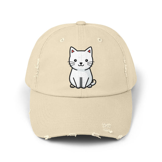 Distressed Black Cap with Cute White Cat Graphic Hats Printify Stone One size