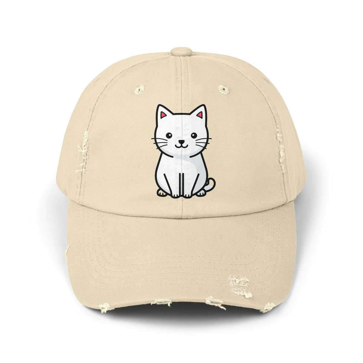 Distressed Black Cap with Cute White Cat Graphic Hats Printify Stone One size