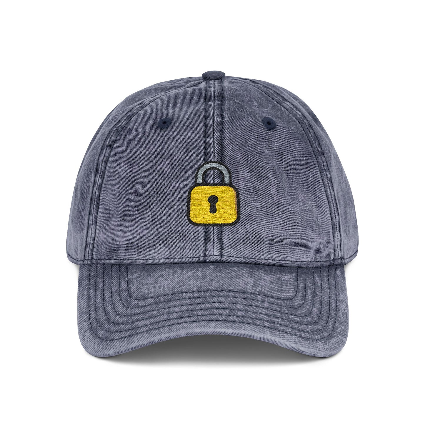 Embroidered Vintage Cap — Yellow Lock Patch Hat Hats Printify One size Navy