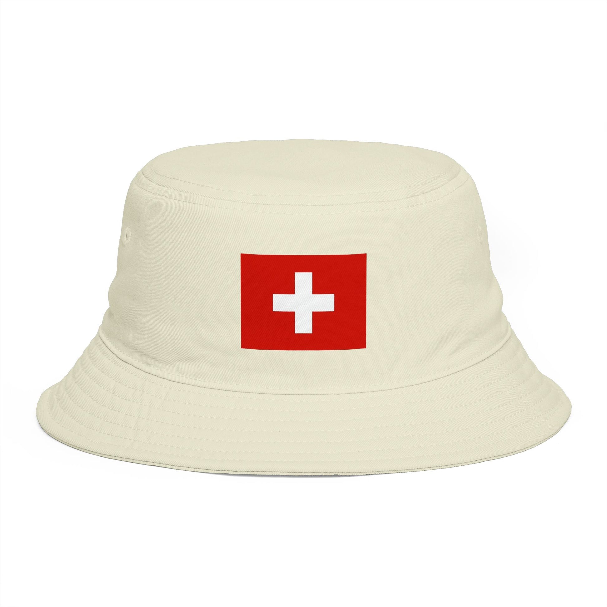 Swiss Cross Brown Bucket Hat — Alpine Flag Patch Sun Hat Hats Printify