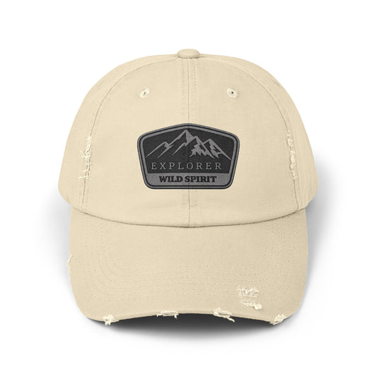 Explorer Wild Spirit Distressed Cap — Vintage Mountain Dad Hat Hats Printify Stone One size