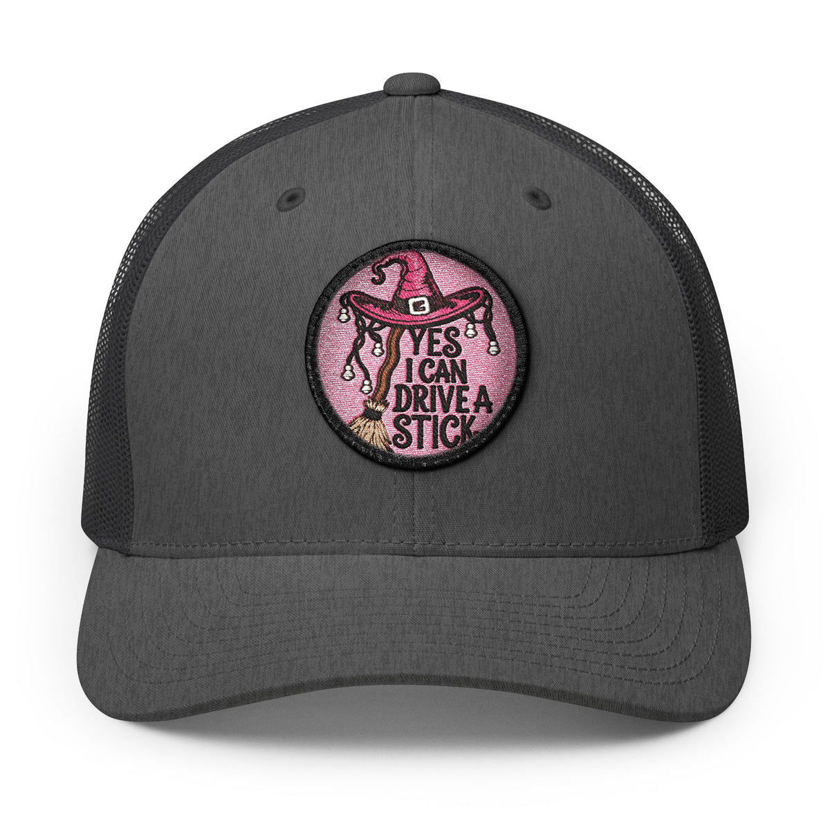 "YES, I Can Drive Stick" Pink Western Hat Patch Snapback Trucker Cap Hats Printify Circle One size Dark Heather Gray / White patch
