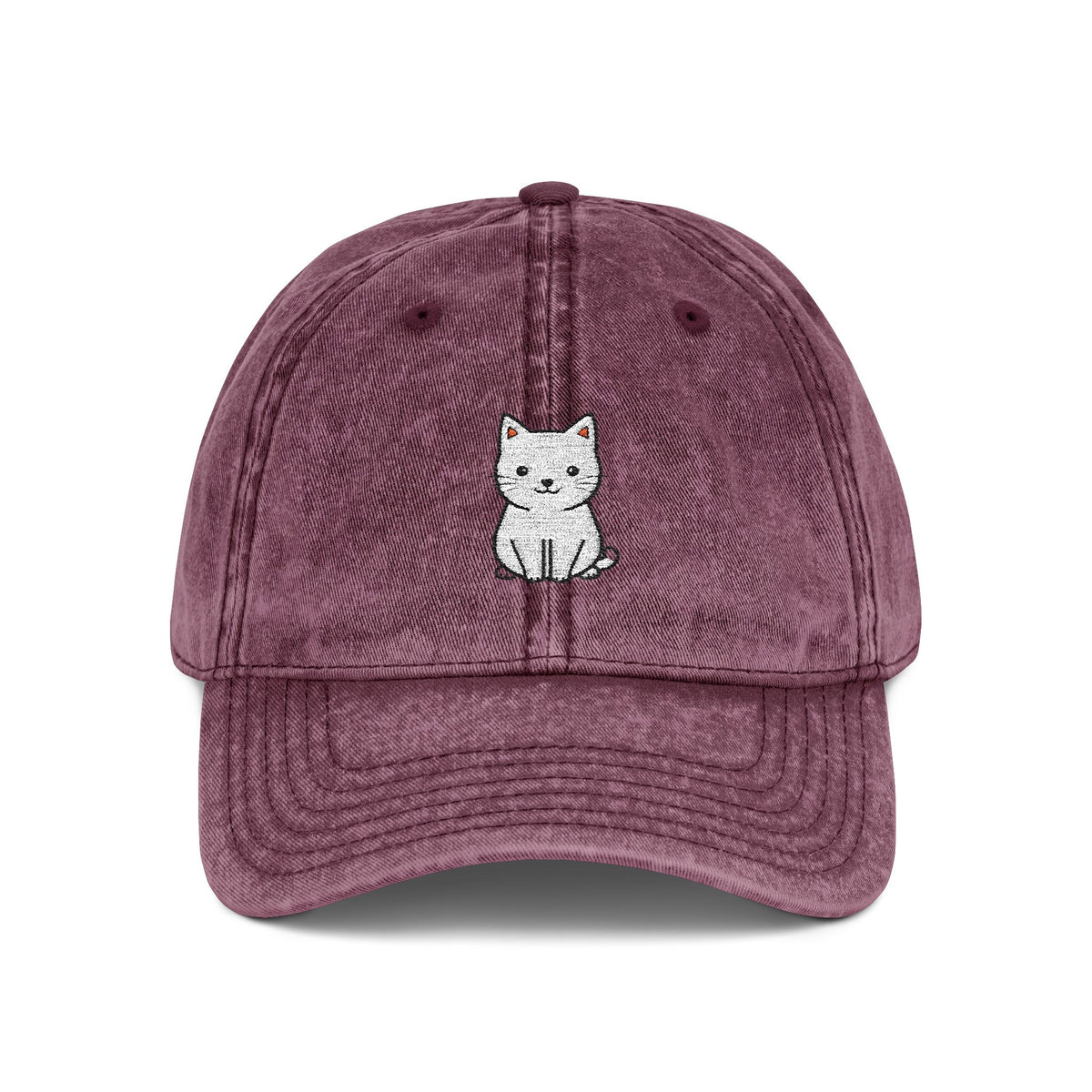 Vintage Embroidered Kitten Cap - Washed Red Dad Hat Hats Printify One size Maroon