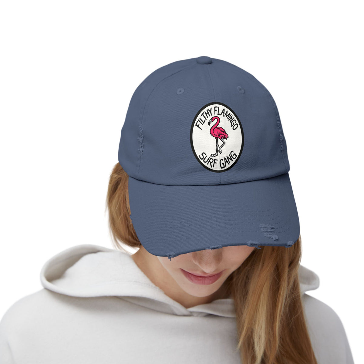 Distressed Surf Cap — "Filthy Flamingo Surf Gang" Embroidered Patch Hat