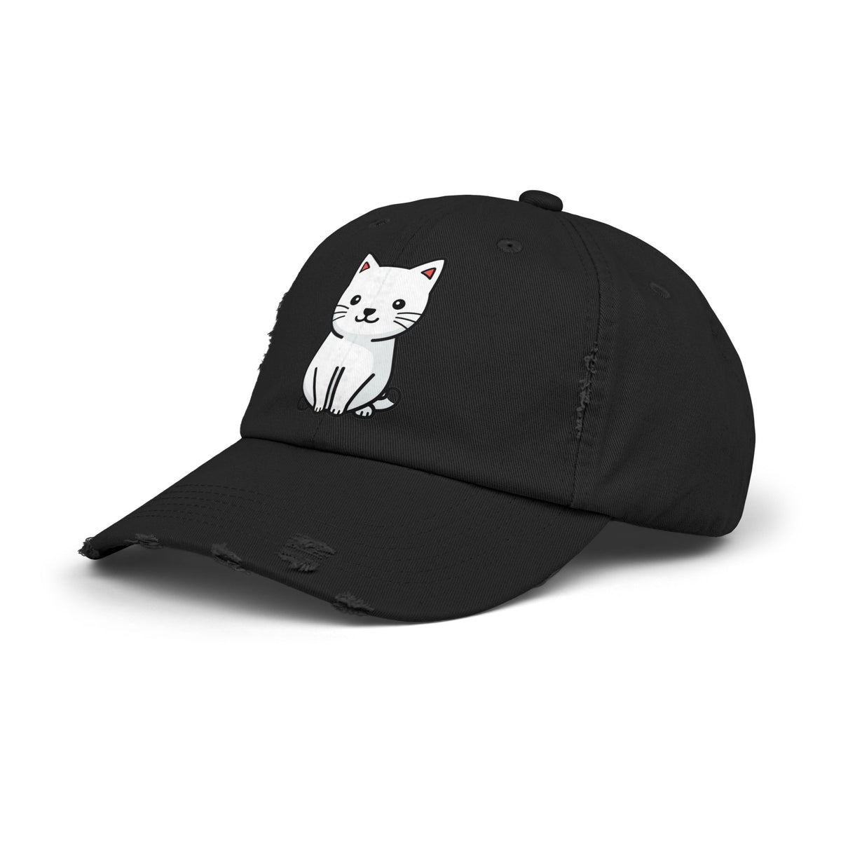 Distressed Black Cap with Cute White Cat Graphic Hats Printify