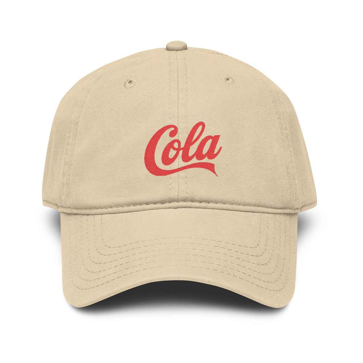 Washed Cotton Baseball Cap with Retro "Cola" Script Embroidery Hats Printify One size Khaki