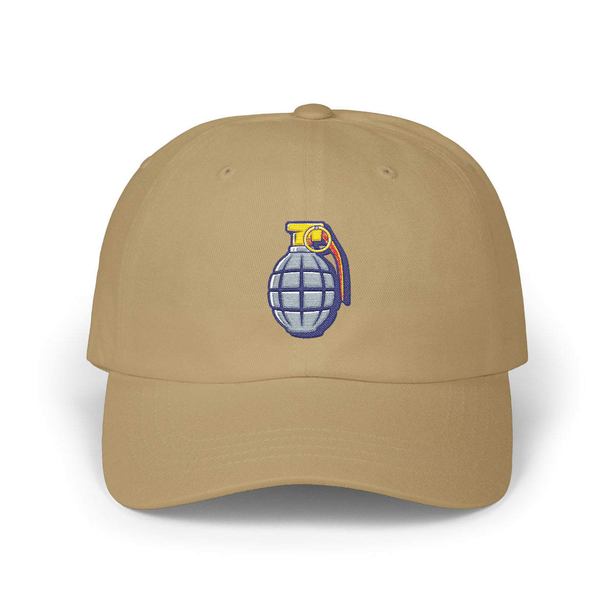 Grenade Embroidered Dad Cap — Military Inspired Retro Patch Hat Hats Printify Khaki One size