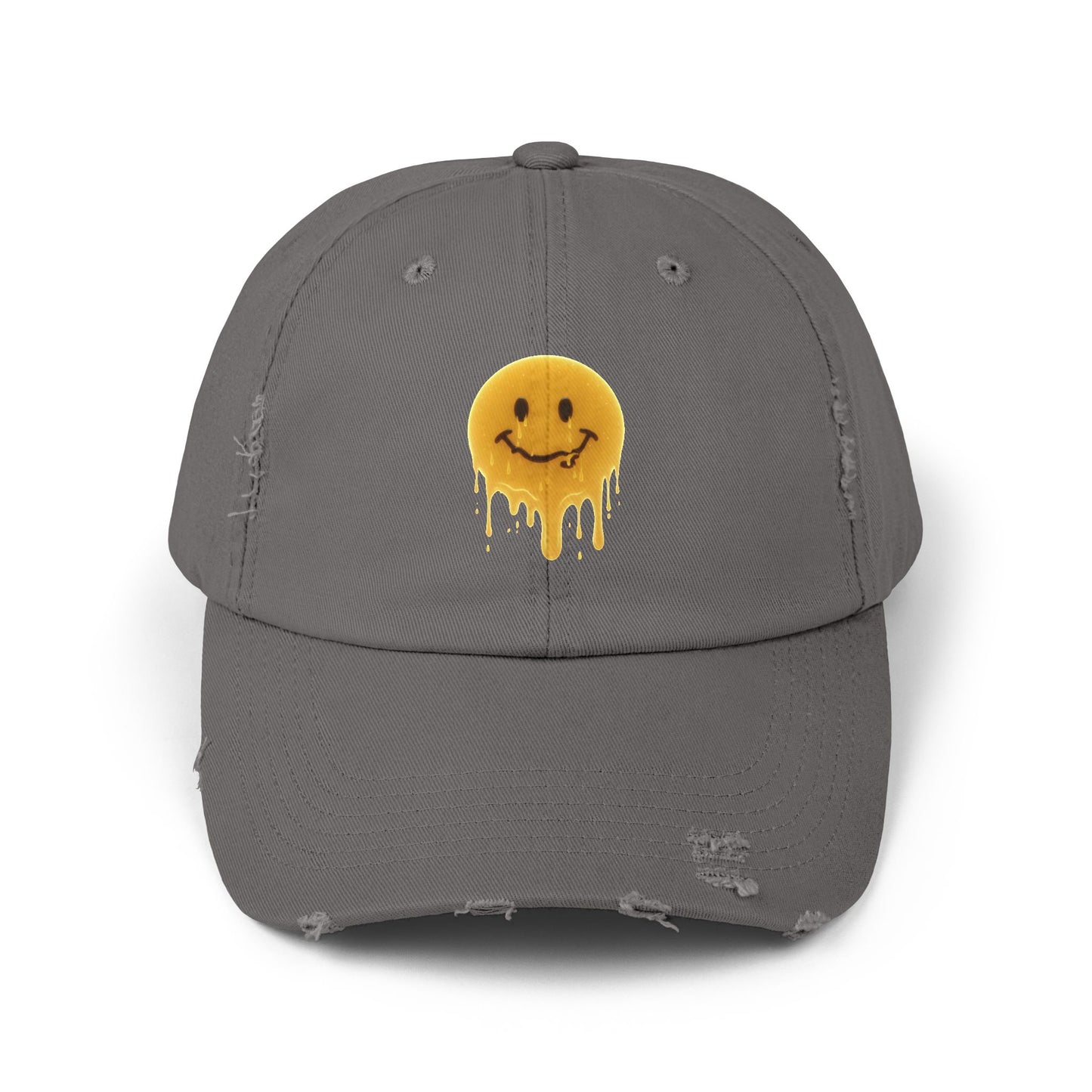 Distressed Melting Smiley Cap — Grunge Drip Dad Hat Hats Printify Nickel One size