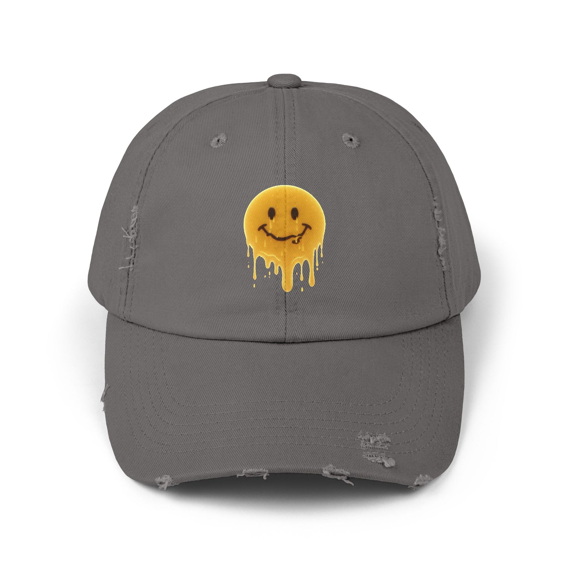 Distressed Melting Smiley Cap — Grunge Drip Dad Hat Hats Printify Nickel One size