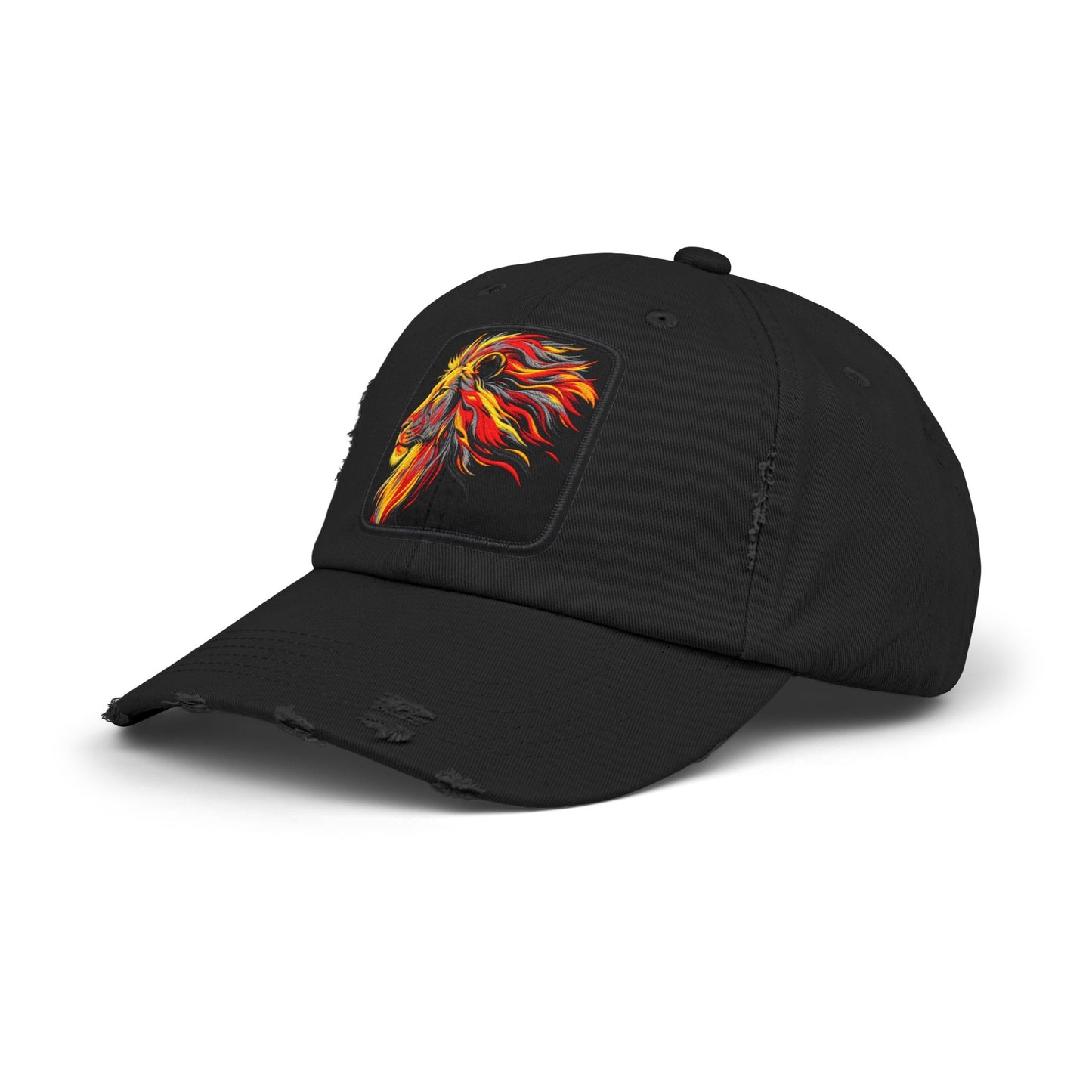 Distressed Cap — Vibrant Flame Lion Embroidered Baseball Hat Hats Printify Black One size