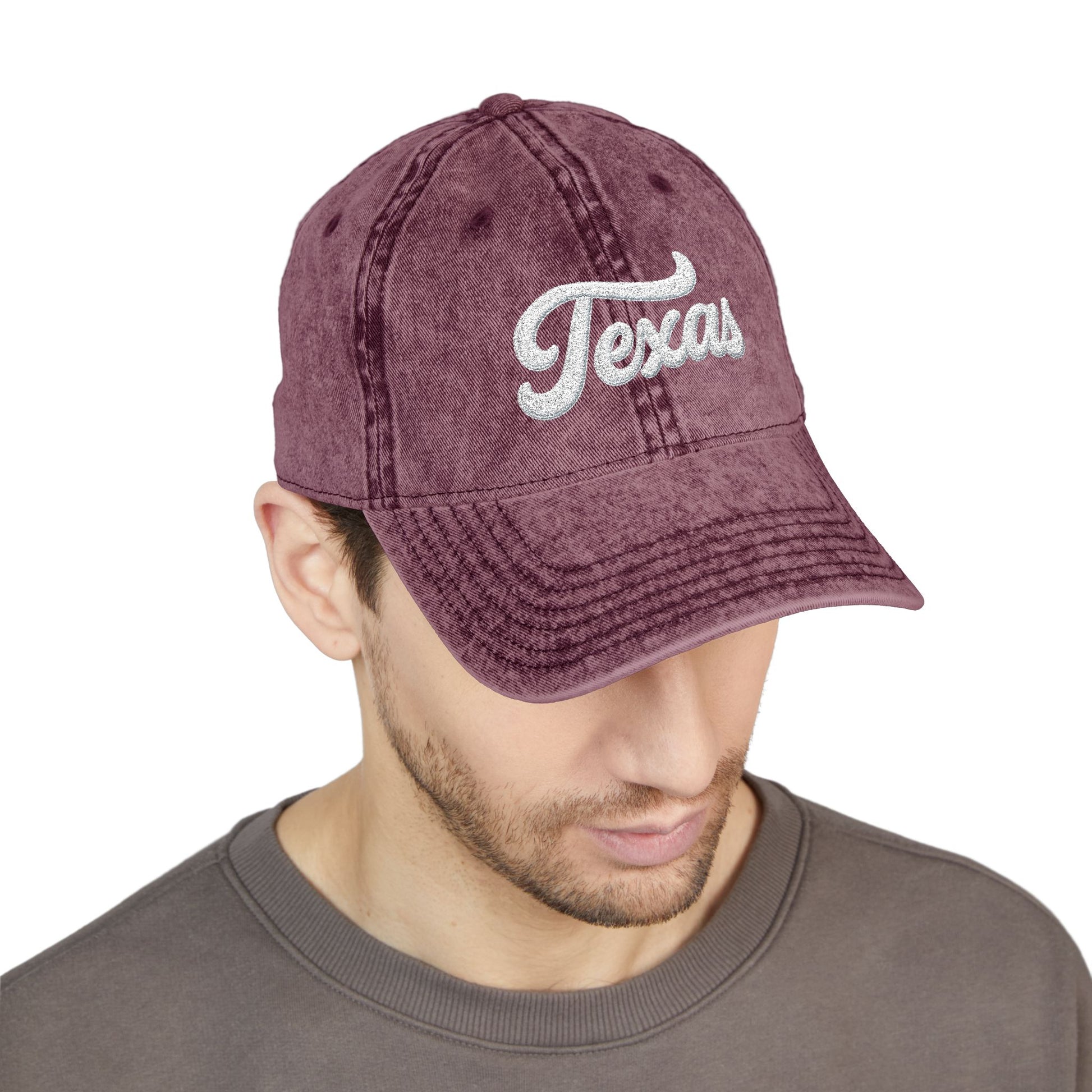 Vintage Embroidered Texas Cap — Distressed Red Baseball Hat Hats Printify