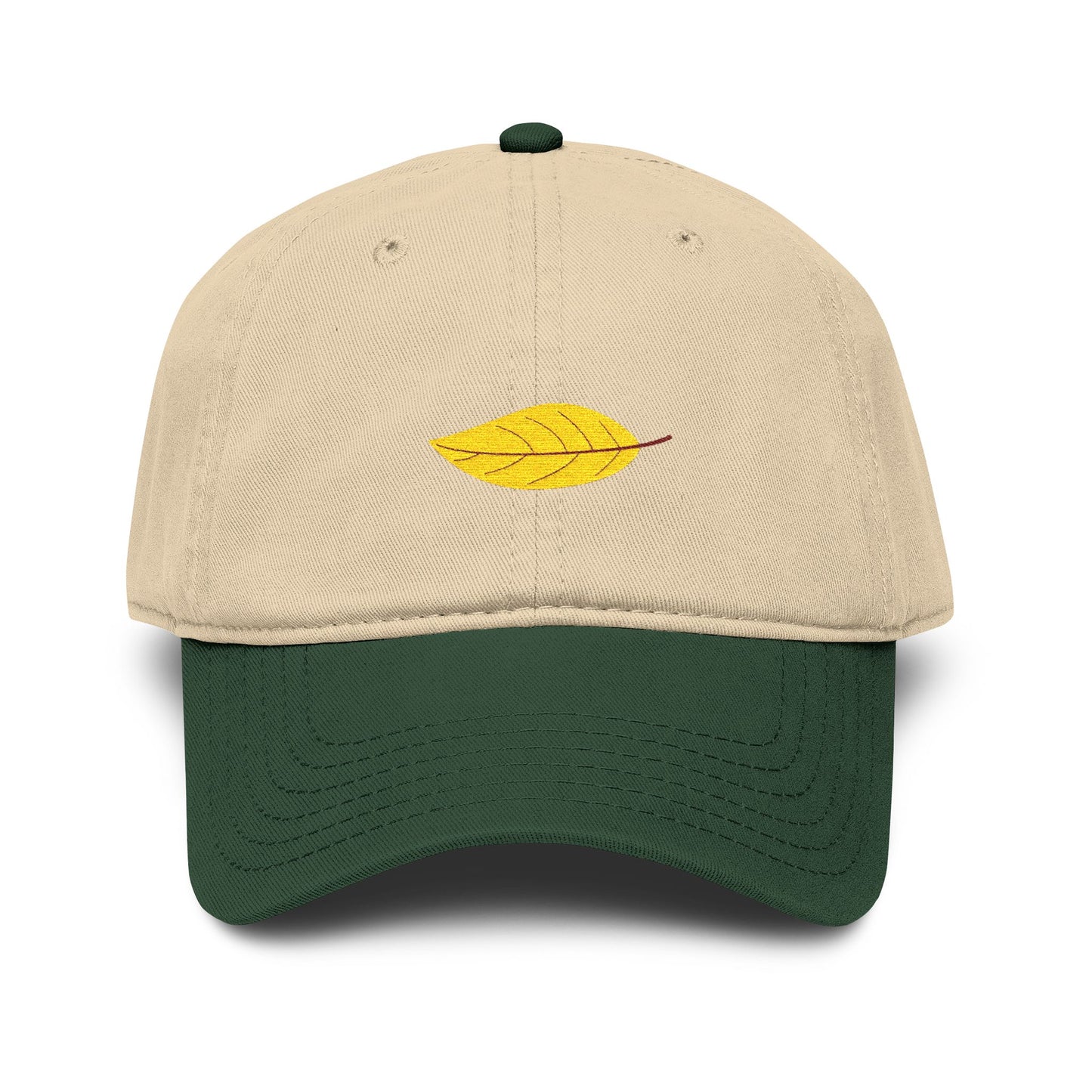 Washed Cotton Baseball Cap with Embroidered Yellow Leaf – Casual Fall Hat