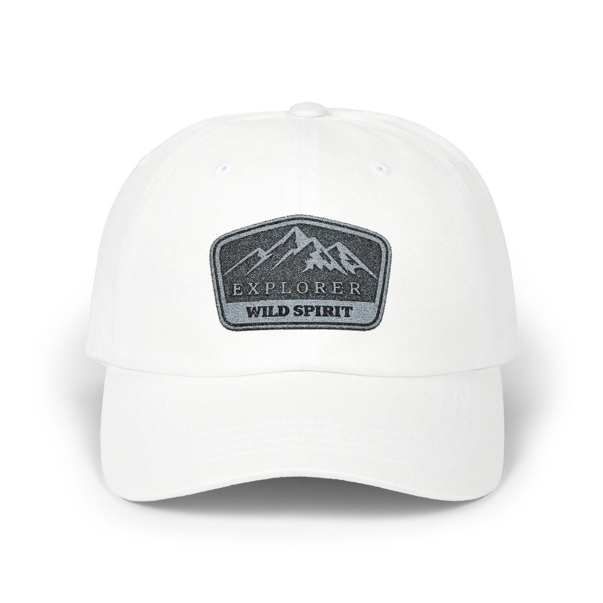 Explorer Wild Spirit Dad Cap — Embroidered Mountain Patch Baseball Hat Hats Printify