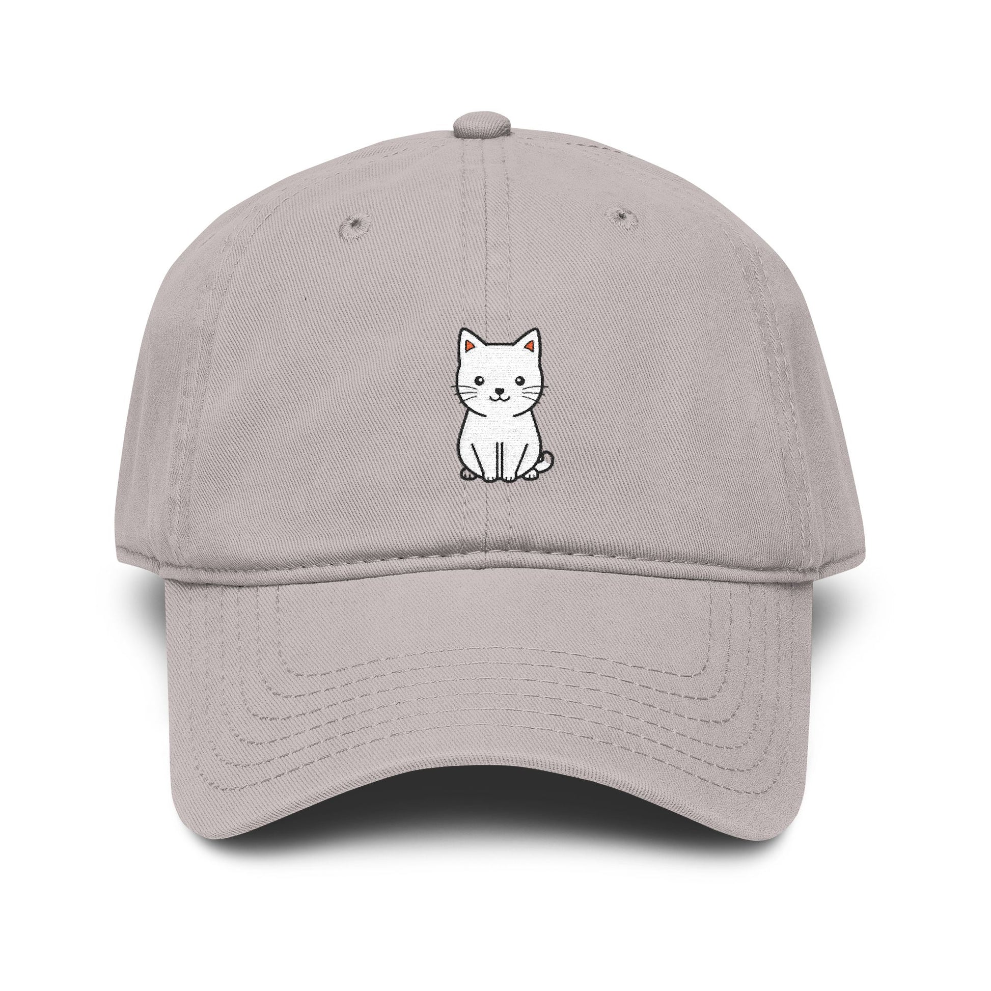 Washed Baseball Cap — Cute White Sitting Cat Embroidered Hat Hats Printify One size Gray