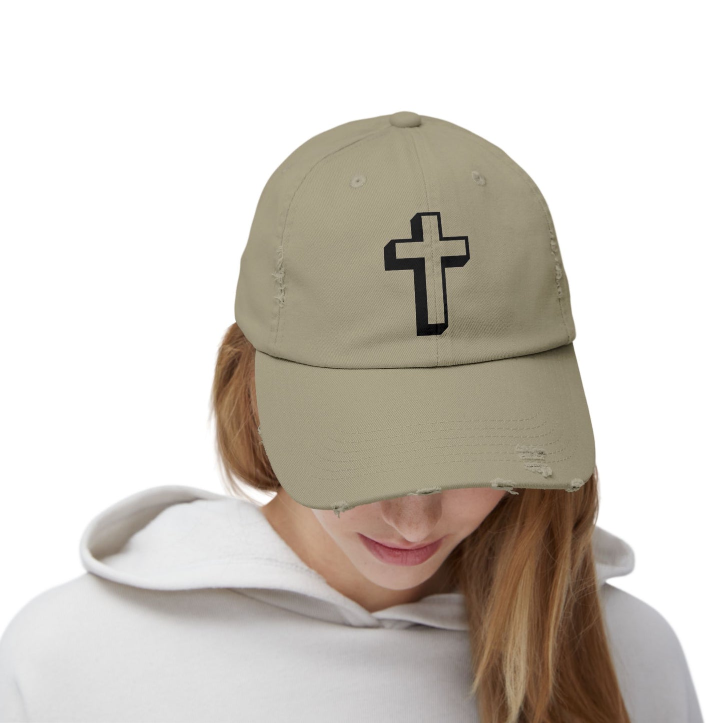 Distressed Black Cross Cap — Vintage Christian Baseball Hat Hats Printify