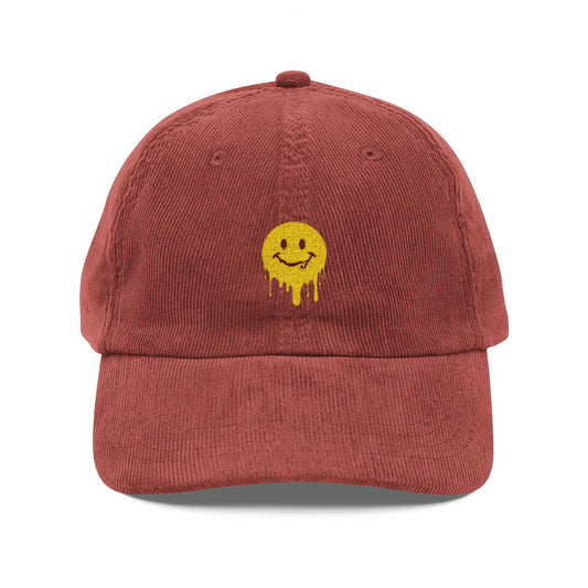 Vintage Corduroy Cap — Embroidered Drip Smiley Hat Hats Printify Burgundy One size