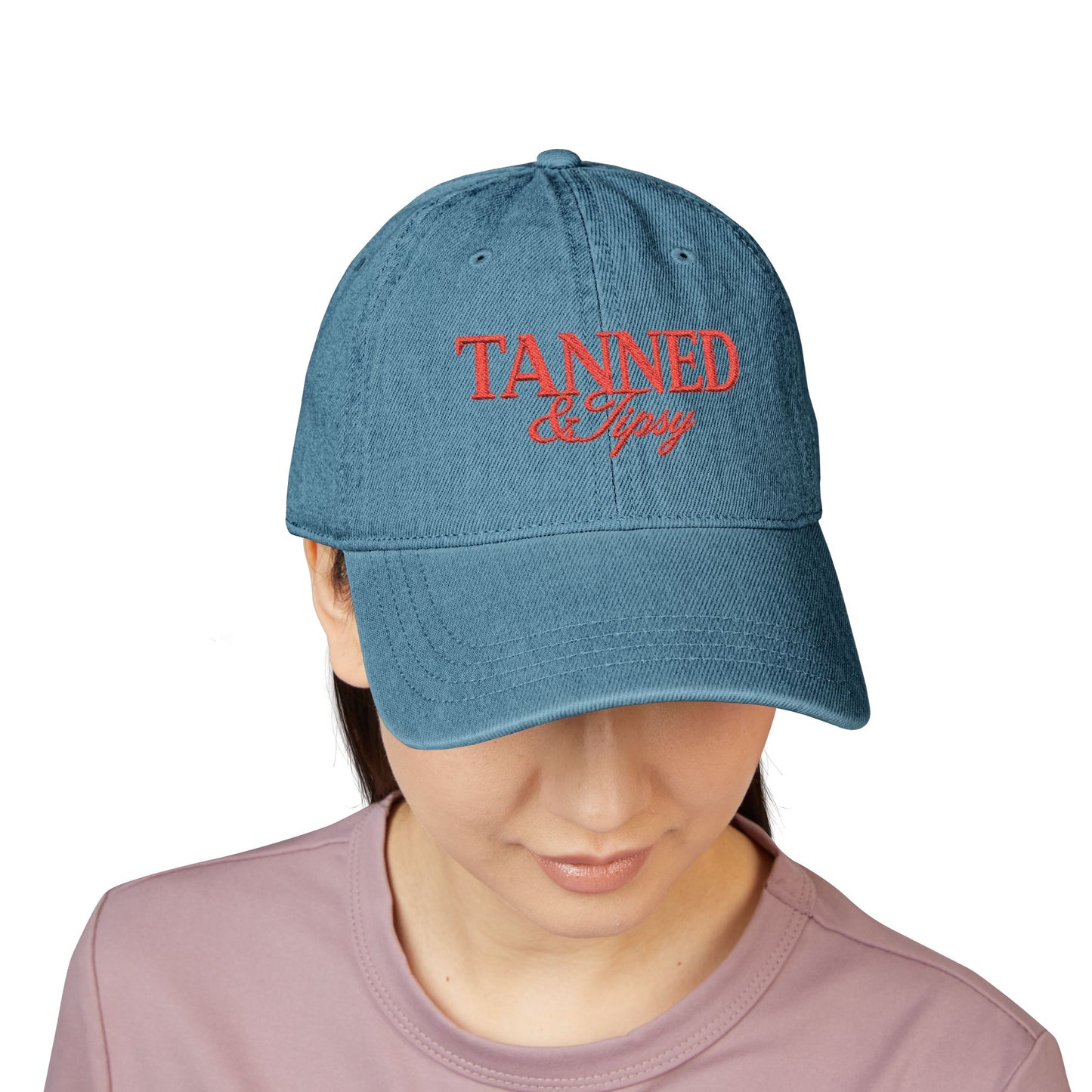 Tanned & Tipsy Embroidered Hat — Casual Denim Cap for Beach Days & Vacations