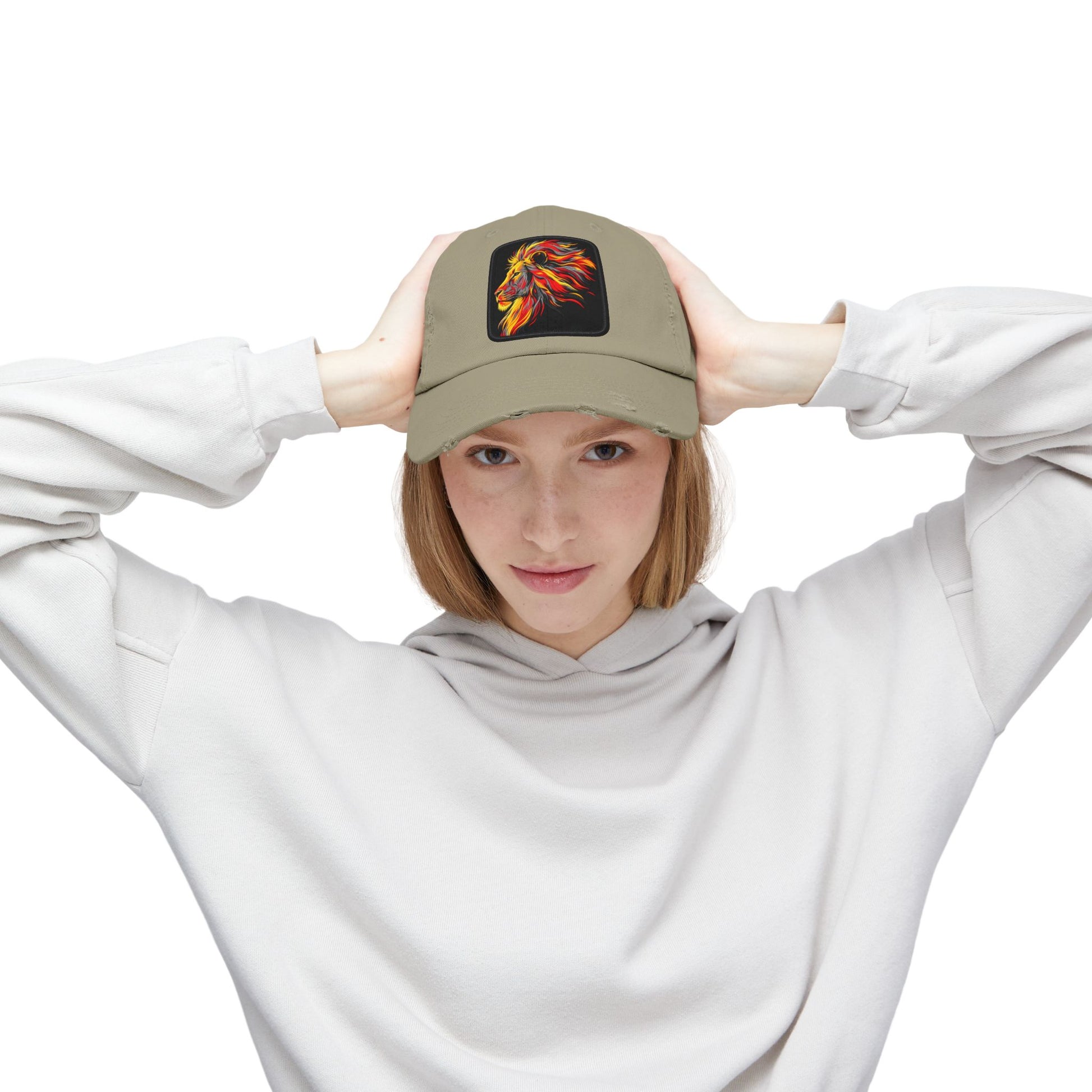 Distressed Cap — Vibrant Flame Lion Embroidered Baseball Hat Hats Printify