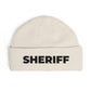Cuff Beanie - 'SHRIFF' Embroidered Knit Hat (Festive Green-Gold Lettering) Hats Printify One size Ecru