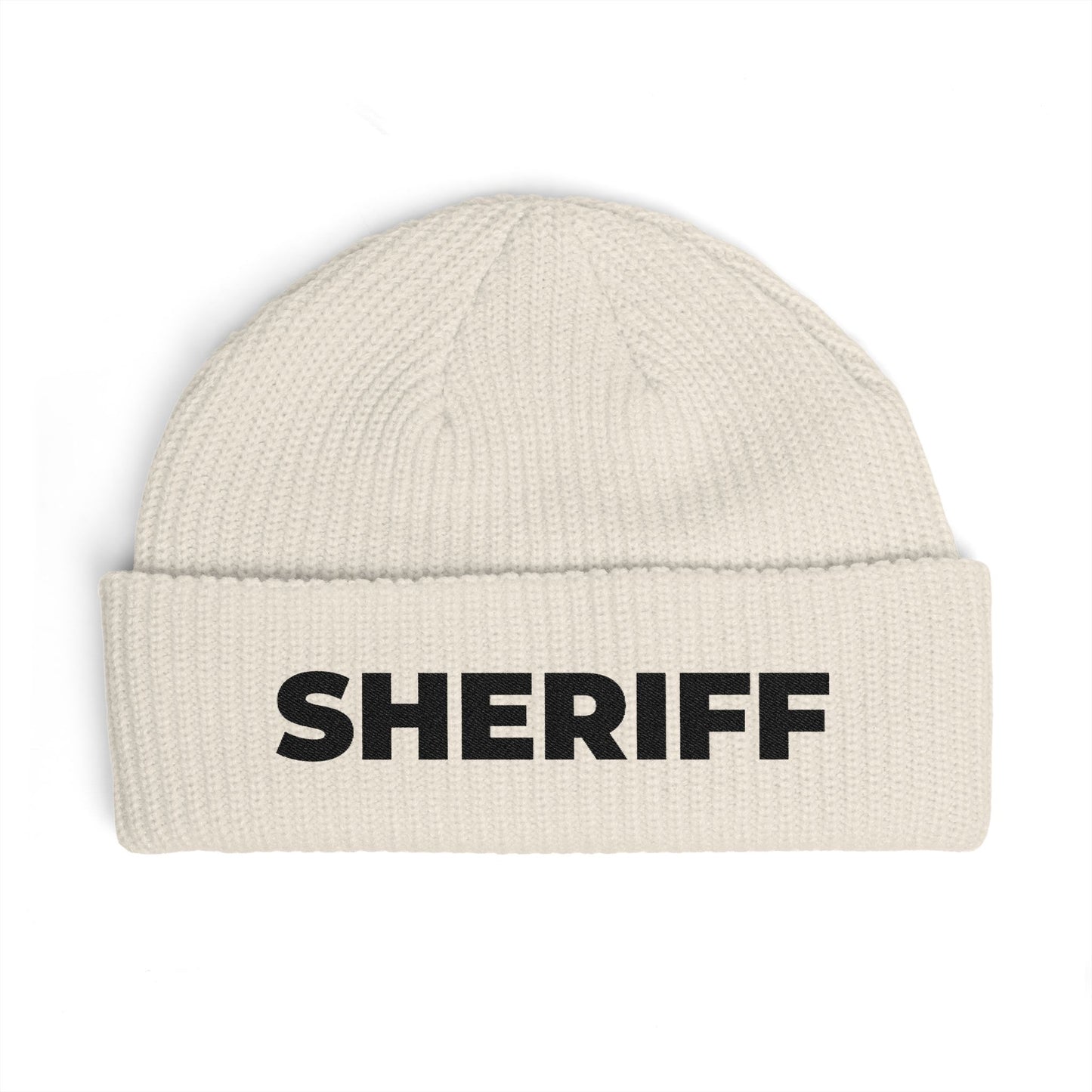 Cuff Beanie - 'SHRIFF' Embroidered Knit Hat (Festive Green-Gold Lettering) Hats Printify One size Ecru