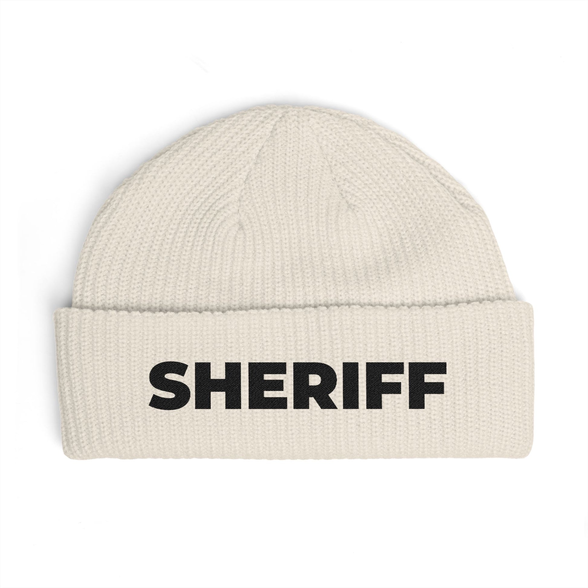 Cuff Beanie - 'SHRIFF' Embroidered Knit Hat (Festive Green-Gold Lettering) Hats Printify One size Ecru