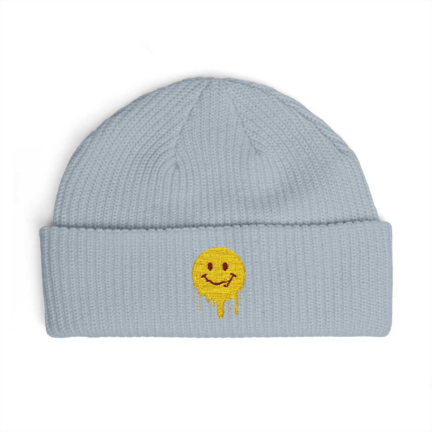 Dripping Smiley Cuff Beanie — Cozy Knit Hat with Yellow Drip Emoji Embroidery Hats Printify