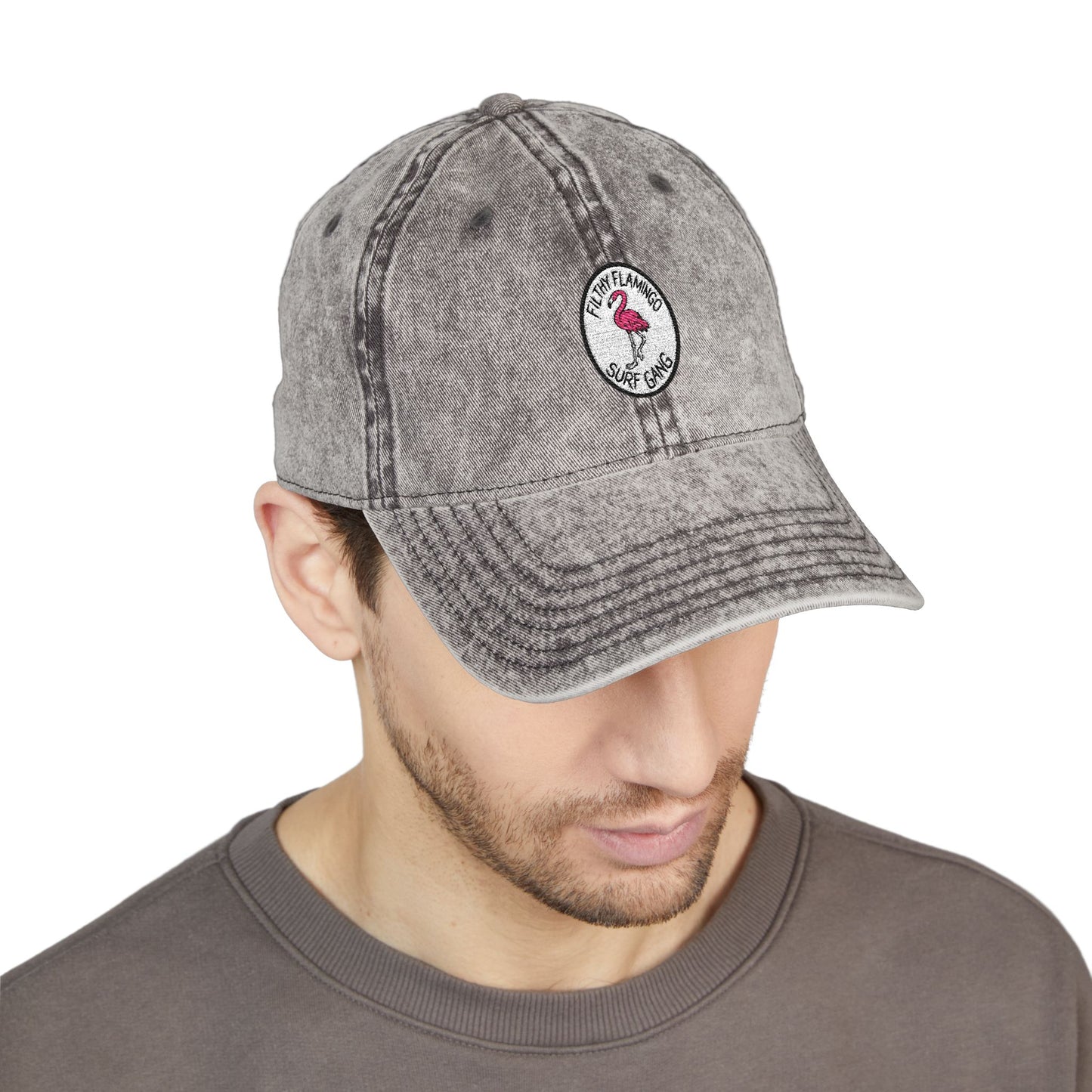 Vintage Embroidered Flamingo Cap — Washed Red Baseball Hat Hats Printify
