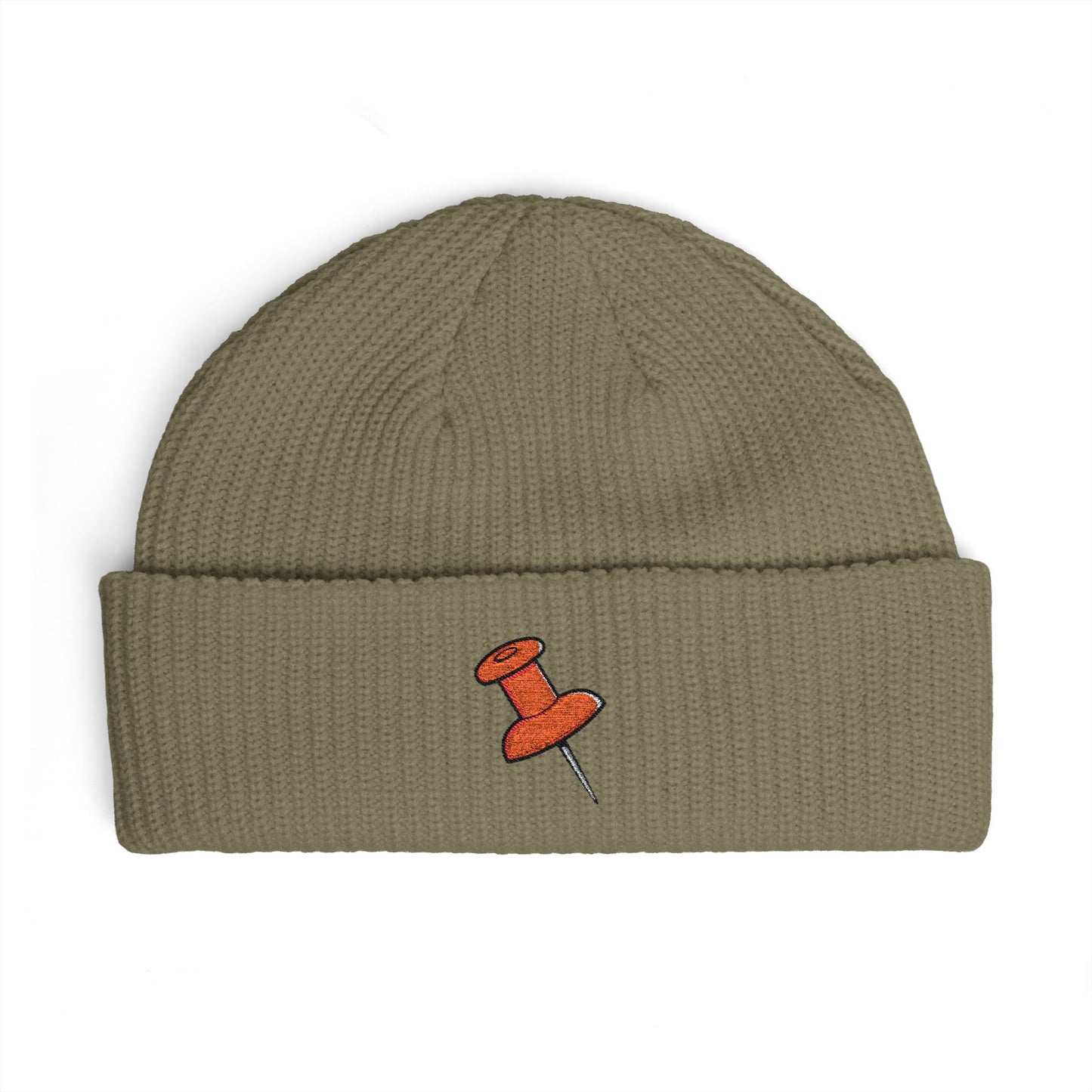 Cuff Beanie with Orange Pushpin Embroidery – Casual Streetwear Knit Hat Hats Printify One size Eucalyptus